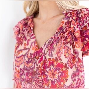 Boho Olivaceous Floral Ruffle Top | Fuchsia & Gold Metallic Accents